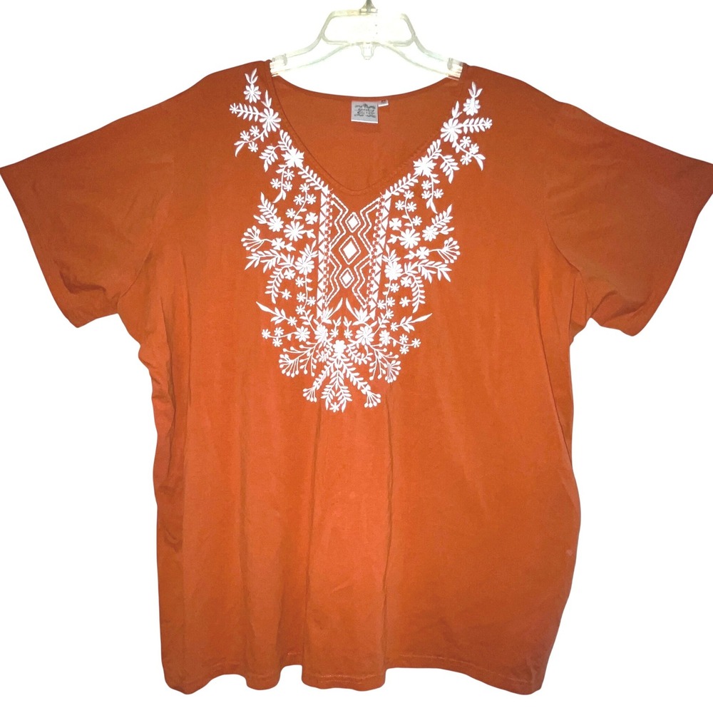 Parsley & Sage Womens 3X Burnt Orange Embroidered V-Neck Short Sleeve Top Boho